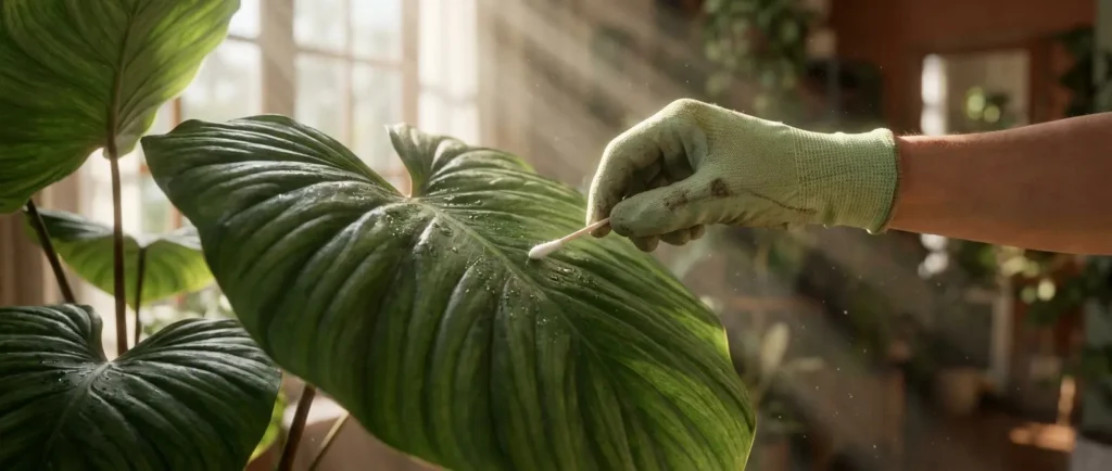 Cochenilles farineuses sur une plante : un foyer visible qui appelle un repérage attentif avant de choisir une intervention adaptée.
