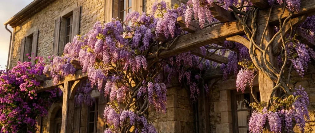 Glycine ornementale en fleurs, conduite sur une pergola au jardin ; le guide porte sur sa plantation, son entretien et sa taille.