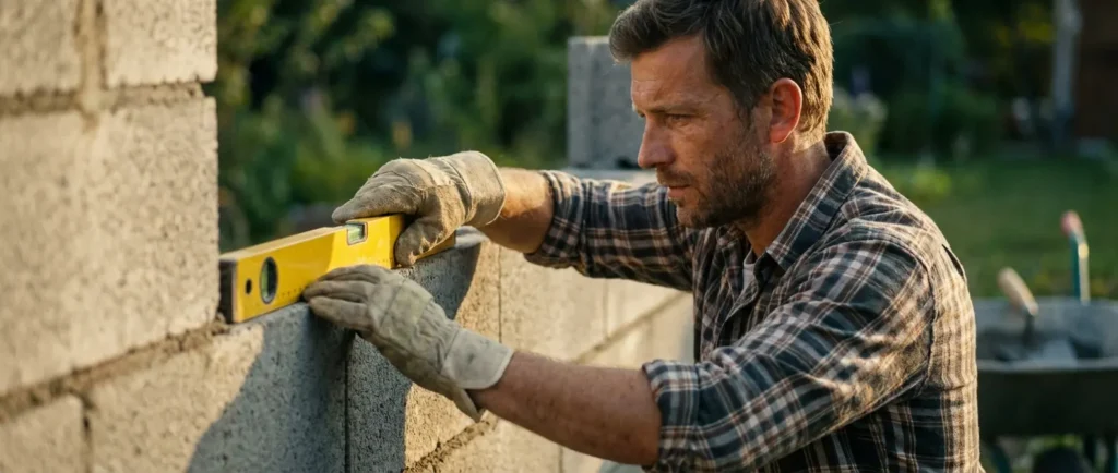 Mur en parpaings gris en cours de montage, avec des rangs aux joints décalés, introduisant le guide de maçonnerie courante.