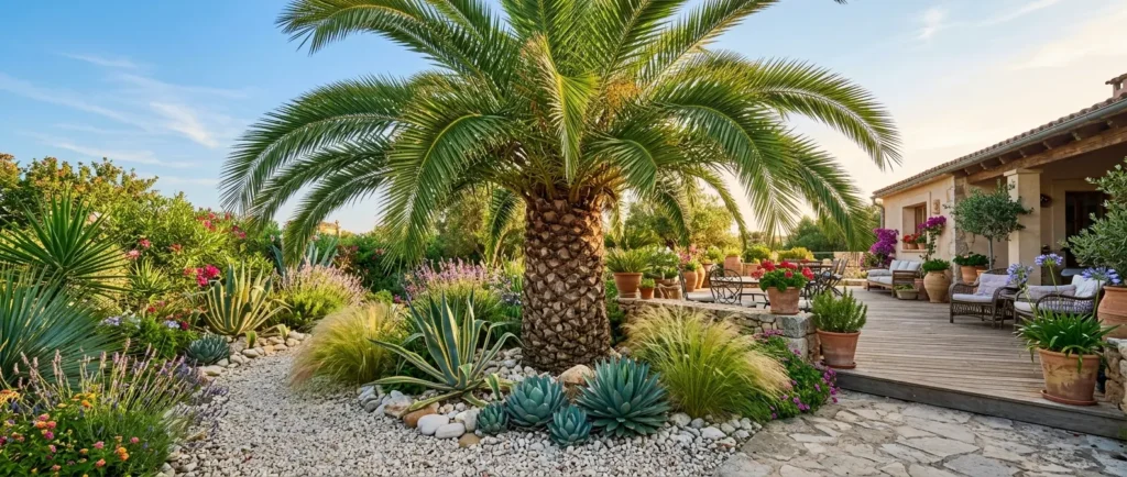 Washingtonia robusta élancé, reconnaissable à son stipe haut et à sa couronne de grandes palmes en éventail, dans un jardin ensoleillé.