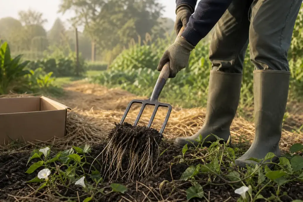 Le liseron envahit un massif de jardin ; l’article examine des gestes adaptés à l’endroit et rappelle que les repousses restent à surveiller.