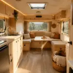 Intérieur compact de caravane en rénovation légère : banquette, table et rangements doivent composer avec un espace de circulation réduit.
