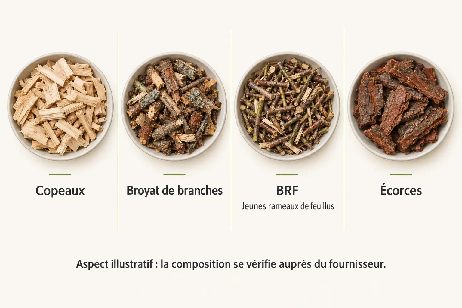 infographie comparative à textures photographiques — copeau de bois jardinage