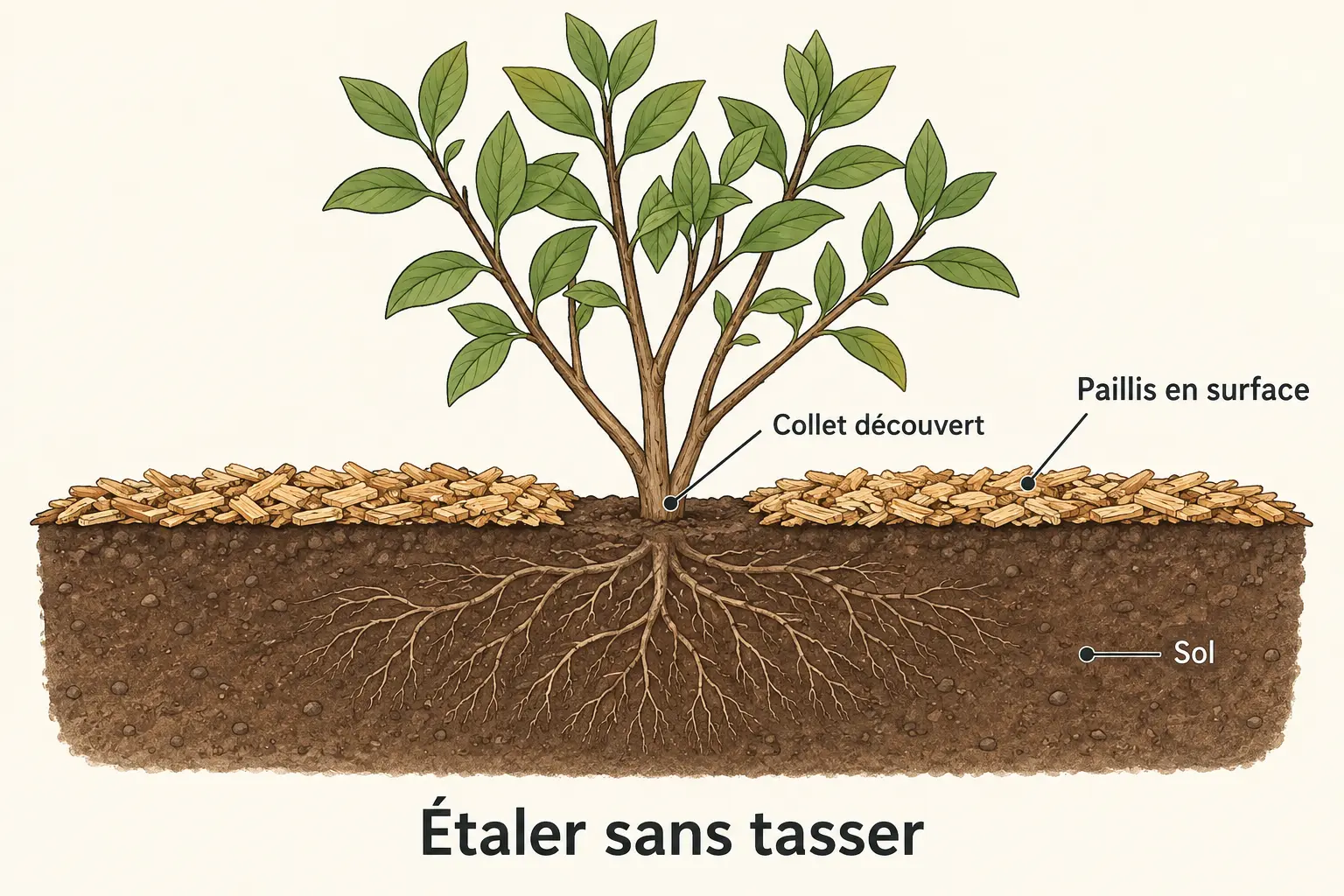 schéma de pose en coupe — copeau de bois jardinage