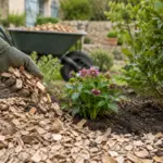 Une main gantée répartit des copeaux de bois dans un massif de jardin en laissant dégagée la terre au pied des plantes.