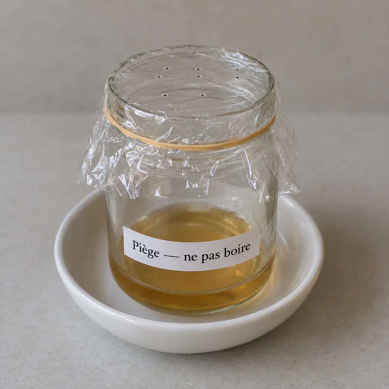 Bocal couvert d’un entonnoir en papier avec un liquide brun et des mouches autour