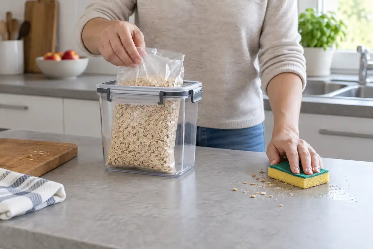Ranger les aliments dans un contenant fermé et essuyer les miettes réduit les sources de nourriture accessibles dans la cuisine.