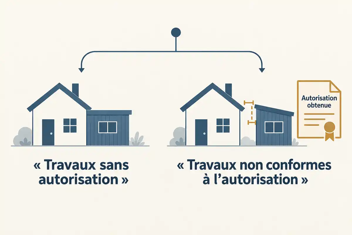 Distinguer une extension sans autorisation d’un ouvrage réalisé avec une autorisation mais différent des plans approuvés.