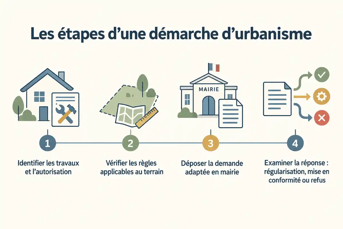 La régularisation passe par la vérification des travaux et des règles du terrain, puis une demande adaptée examinée par la mairie.