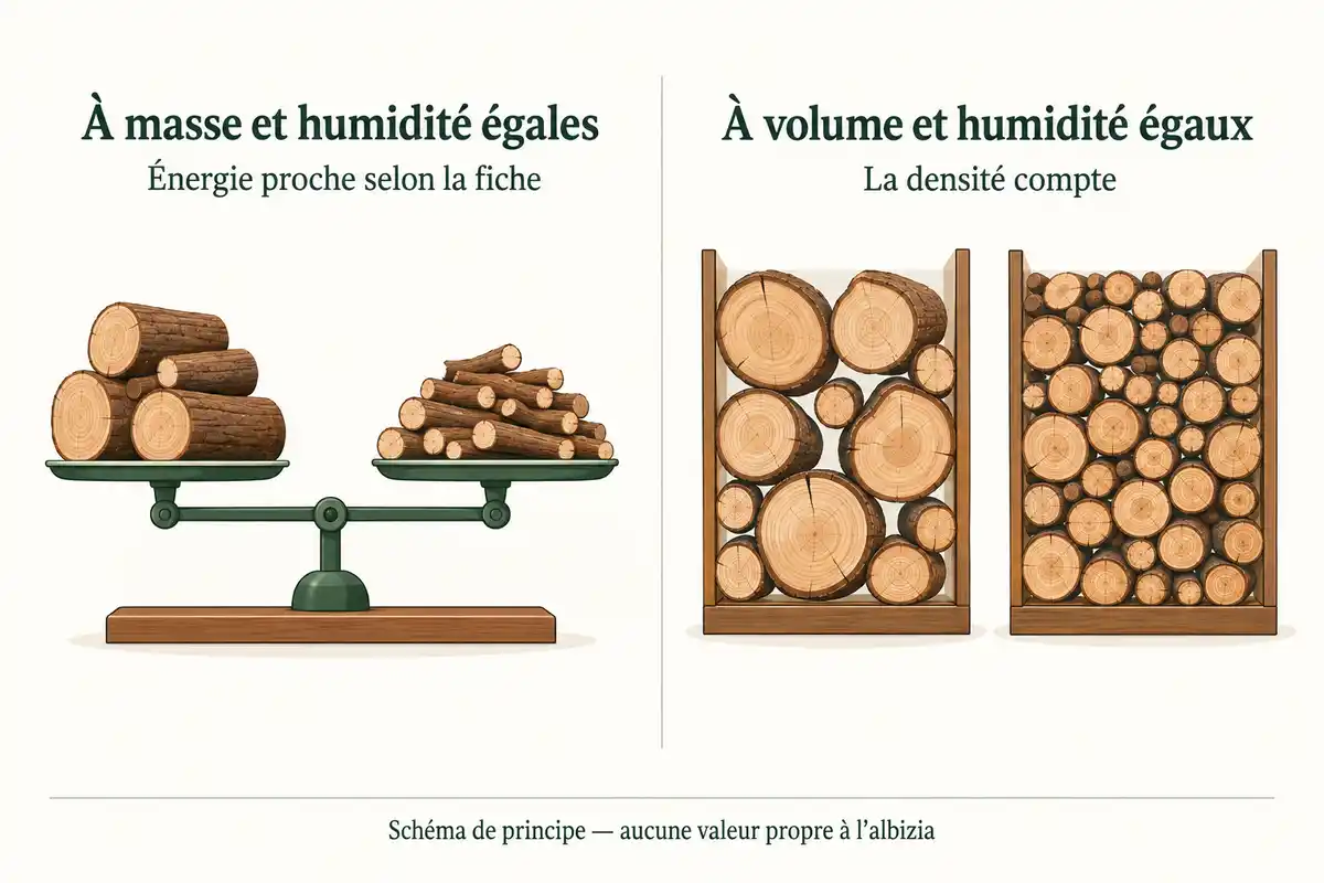 À masse et humidité égales, l’énergie varie peu entre essences ; à volume égal, la densité change la masse de bois comparée.
