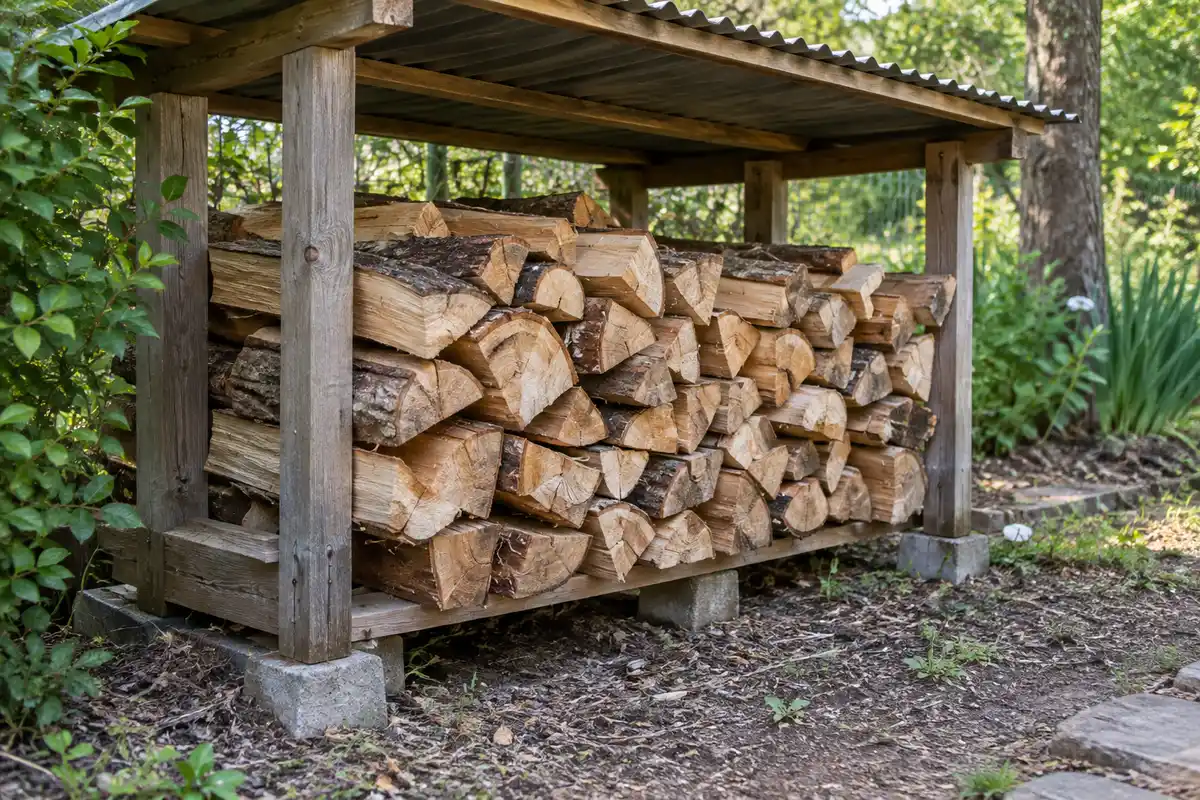 Des bûches fendues, espacées et surélevées dans un abri ouvert exposent davantage leur intérieur et favorisent leur séchage.