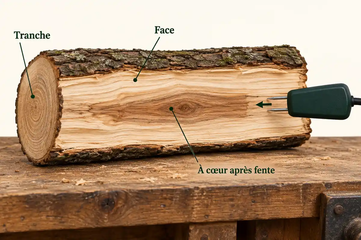 Plusieurs points de mesure sur la face fraîchement fendue aident à vérifier l’humidité à cœur avec un humidimètre à pointes.