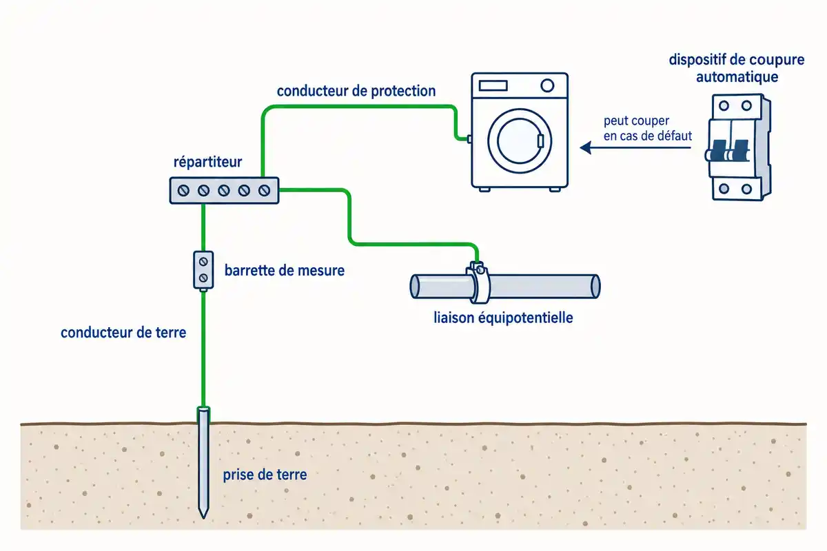 La mise à la terre relie les conducteurs de protection à une coupure automatique, sans garantir à elle seule la protection.