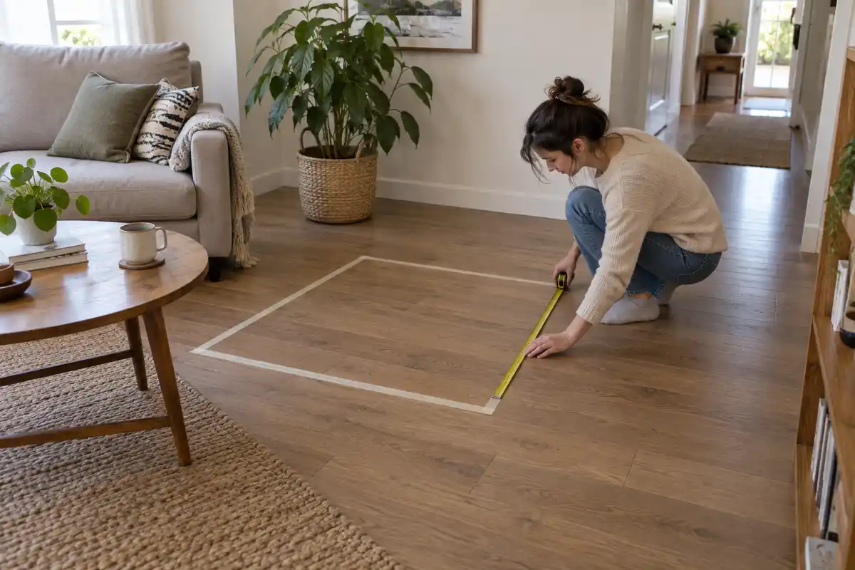 Tracer au sol l’emprise prévue du fauteuil et en mesurer un côté permet de vérifier la place disponible et de préserver les passages.