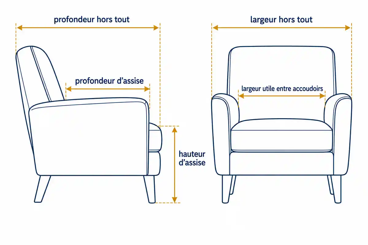 La profondeur et la hauteur d’assise se distinguent des dimensions totales ; la largeur utile se mesure entre les accoudoirs.