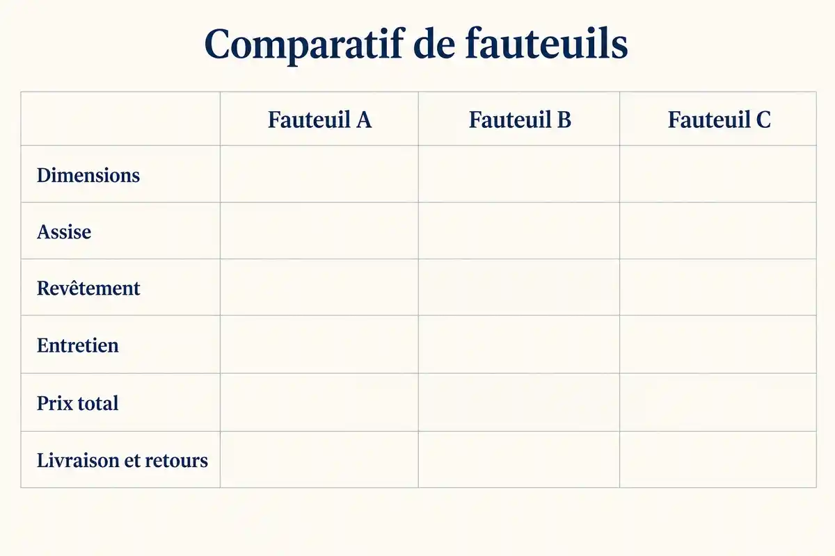 Relever dimensions, assise, revêtement, entretien et conditions d’achat pour chaque fauteuil facilite une comparaison fondée sur les mêmes critères.