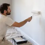 Un peintre applique une couche blanche sur un mur intérieur, illustrant les travaux dont les surfaces et devis sont à estimer.