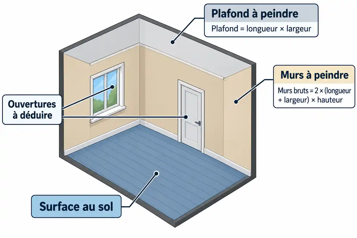 Le métré sépare murs et plafond, puis déduit les ouvertures non peintes pour estimer chaque surface à traiter.