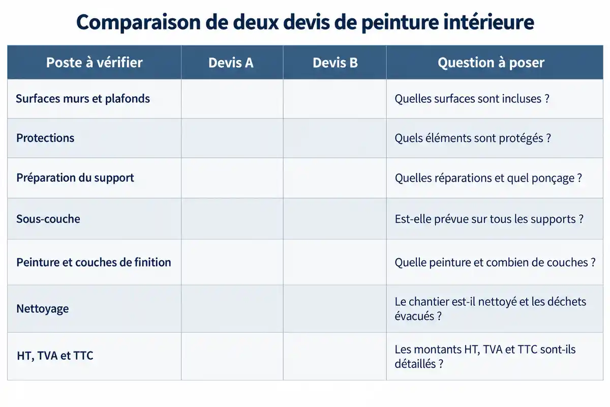 Comparer les surfaces, protections, préparations et finitions de deux devis aide à vérifier des prestations décrites poste par poste.