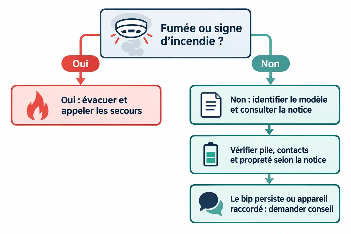 Le parcours donne la priorité à l’évacuation en cas de danger, puis oriente vers la notice et des contrôles adaptés au modèle.