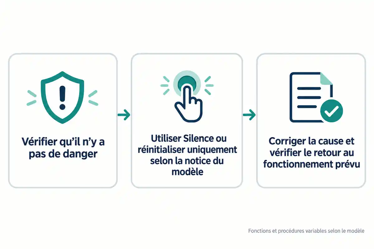 Après avoir écarté tout danger, le parcours distingue le silence temporaire du traitement de la cause et du contrôle du fonctionnement prévu.