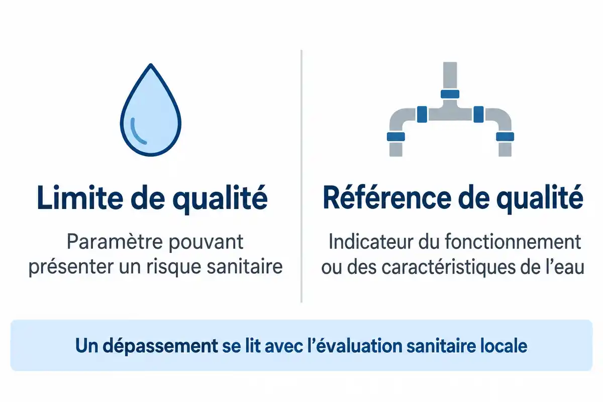 Une limite de qualité peut signaler un risque sanitaire, tandis qu’une référence renseigne sur l’eau ou les installations ; l’avis local guide l’interprétation.
