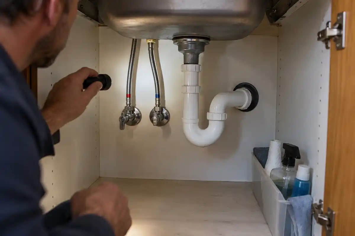 Examiner les canalisations sous l’évier aide à situer l’installation intérieure, sans établir à lui seul l’origine d’une anomalie de l’eau.