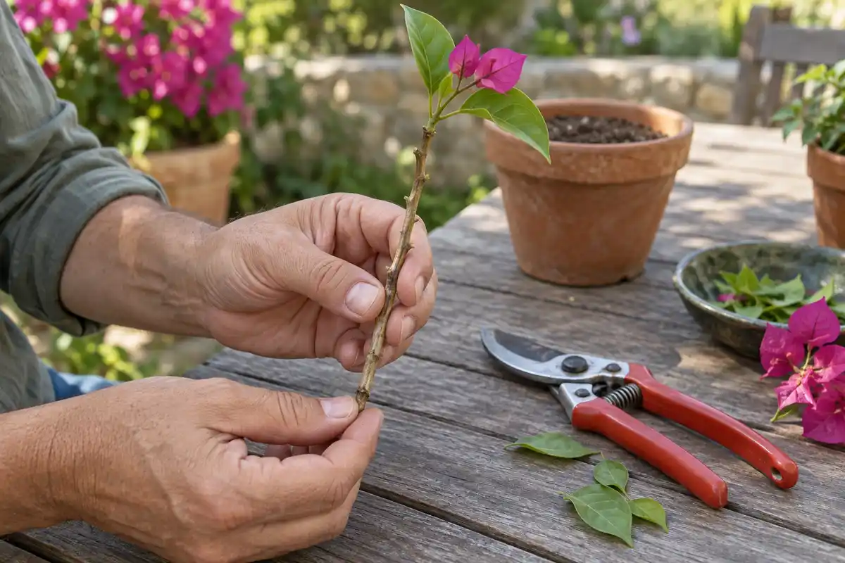 La tige de bougainvillier est effeuillée à sa base avant plantation, tandis que ses feuilles supérieures sont conservées.