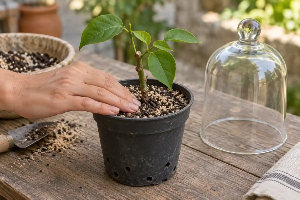La bouture est plantée dans un substrat drainant ; une cloche posée à côté peut servir de couverture facultative sans toucher les feuilles.