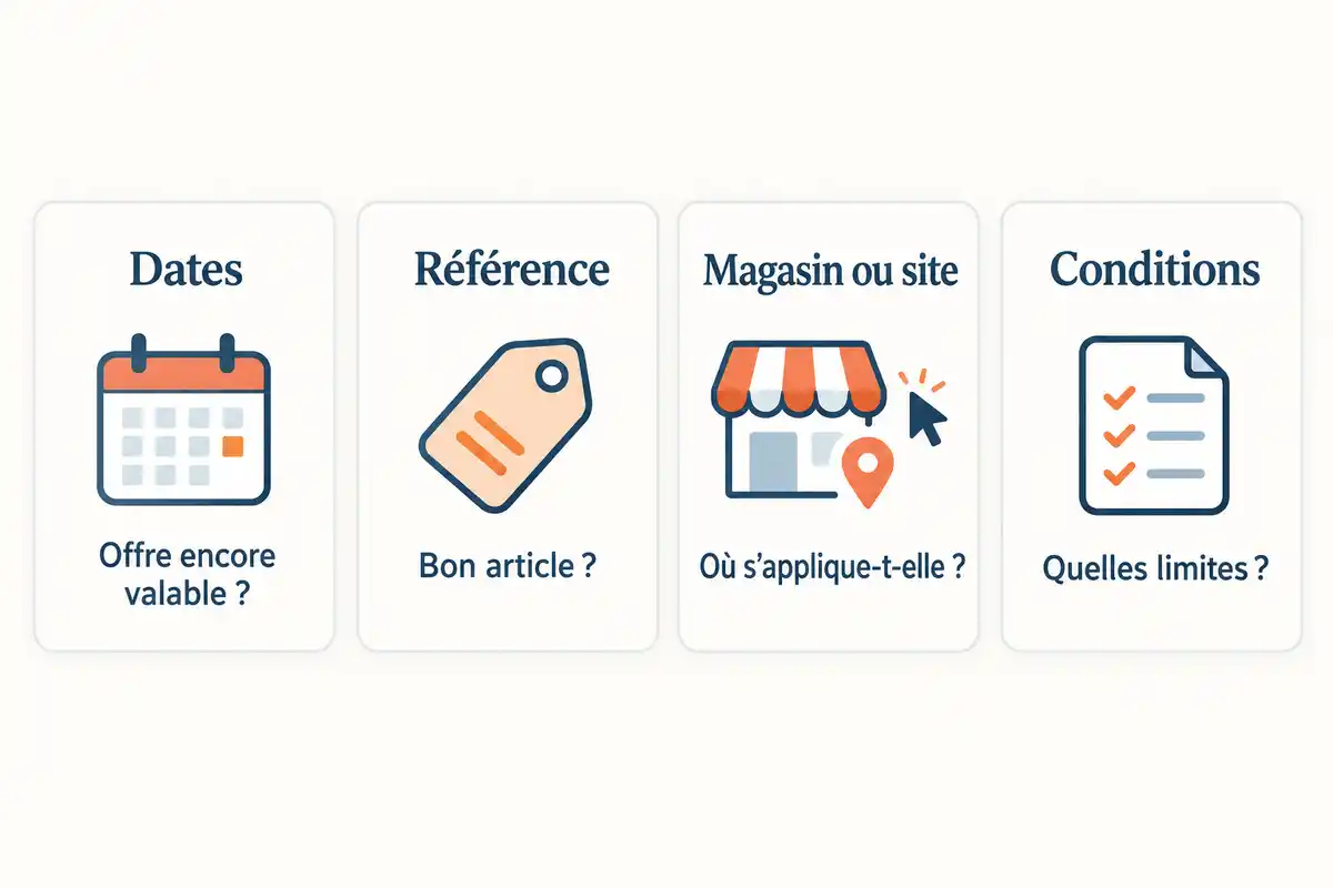 Évaluer une promotion en rapprochant sa période, sa référence et son canal de vente de son besoin, puis en vérifiant ses conditions.