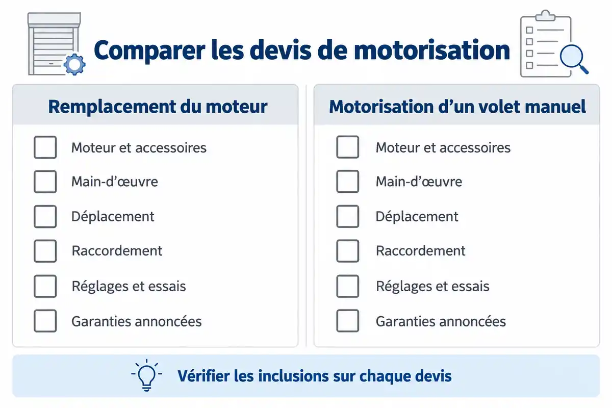 Comparer remplacement de moteur et motorisation d’un volet manuel en vérifiant les postes inclus, optionnels ou exclus dans chaque devis.