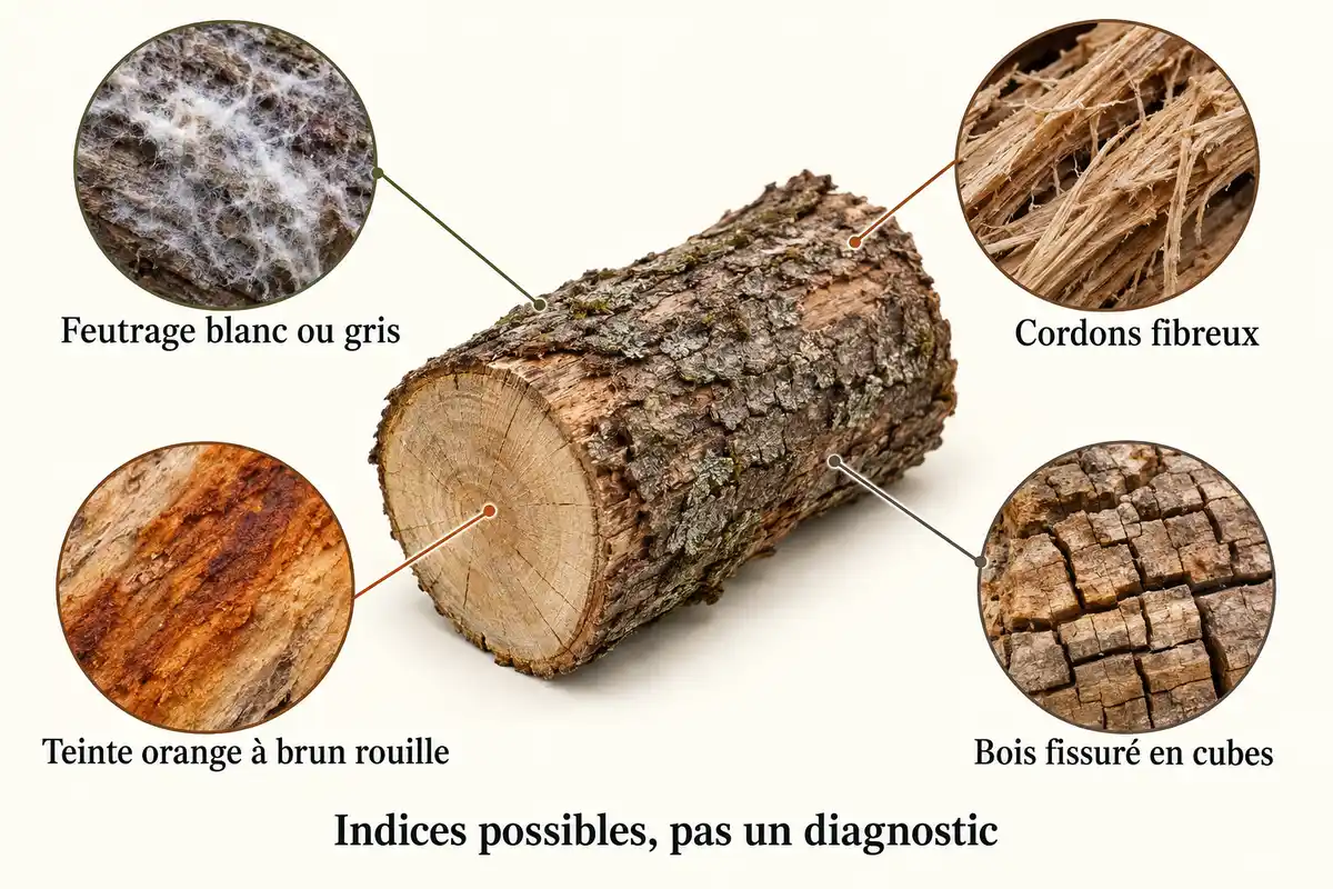 Feutrage, cordons, teinte rouille ou fissures en cubes sont des indices à observer, mais aucun ne suffit seul à identifier la mérule.