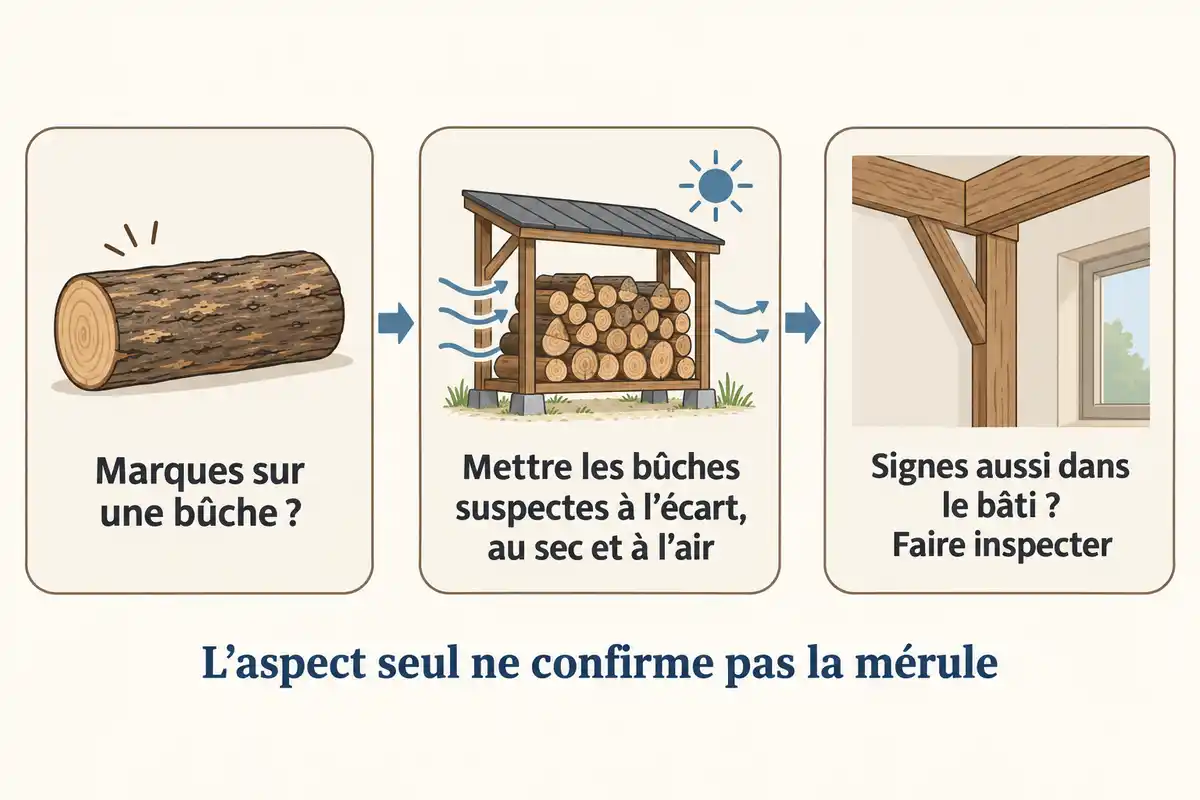 Après une marque suspecte, isoler les bûches et vérifier si le bâti présente aussi des signes permet d’adapter la suite sans conclure à la mérule.