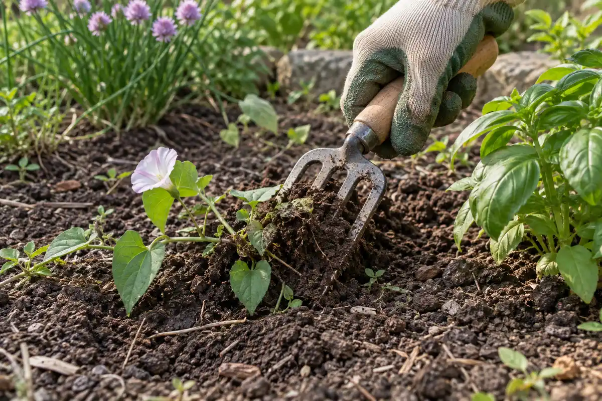 Une petite fourche ameublit la terre au bord d’une pousse de liseron, en laissant la plante cultivée voisine hors de la zone travaillée.