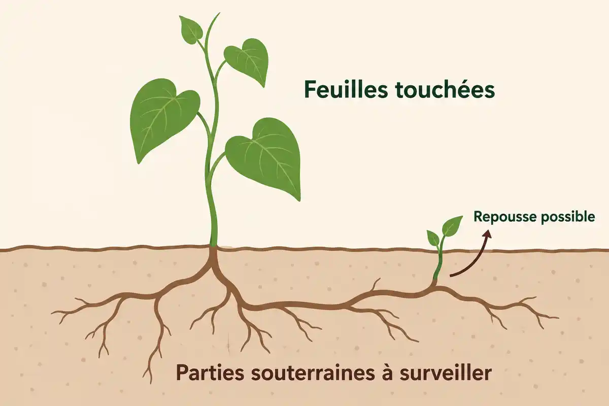 Les feuilles touchées ne renseignent pas sur l’état des parties souterraines, qui restent à surveiller car une repousse est possible.