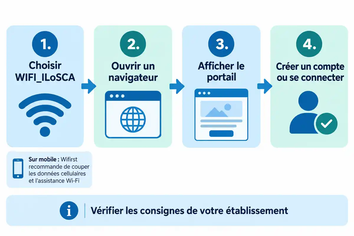 Choisir WIFI_ILoSCA, ouvrir le portail dans un navigateur, puis créer un compte ou s’identifier ; vérifier les consignes du lieu.