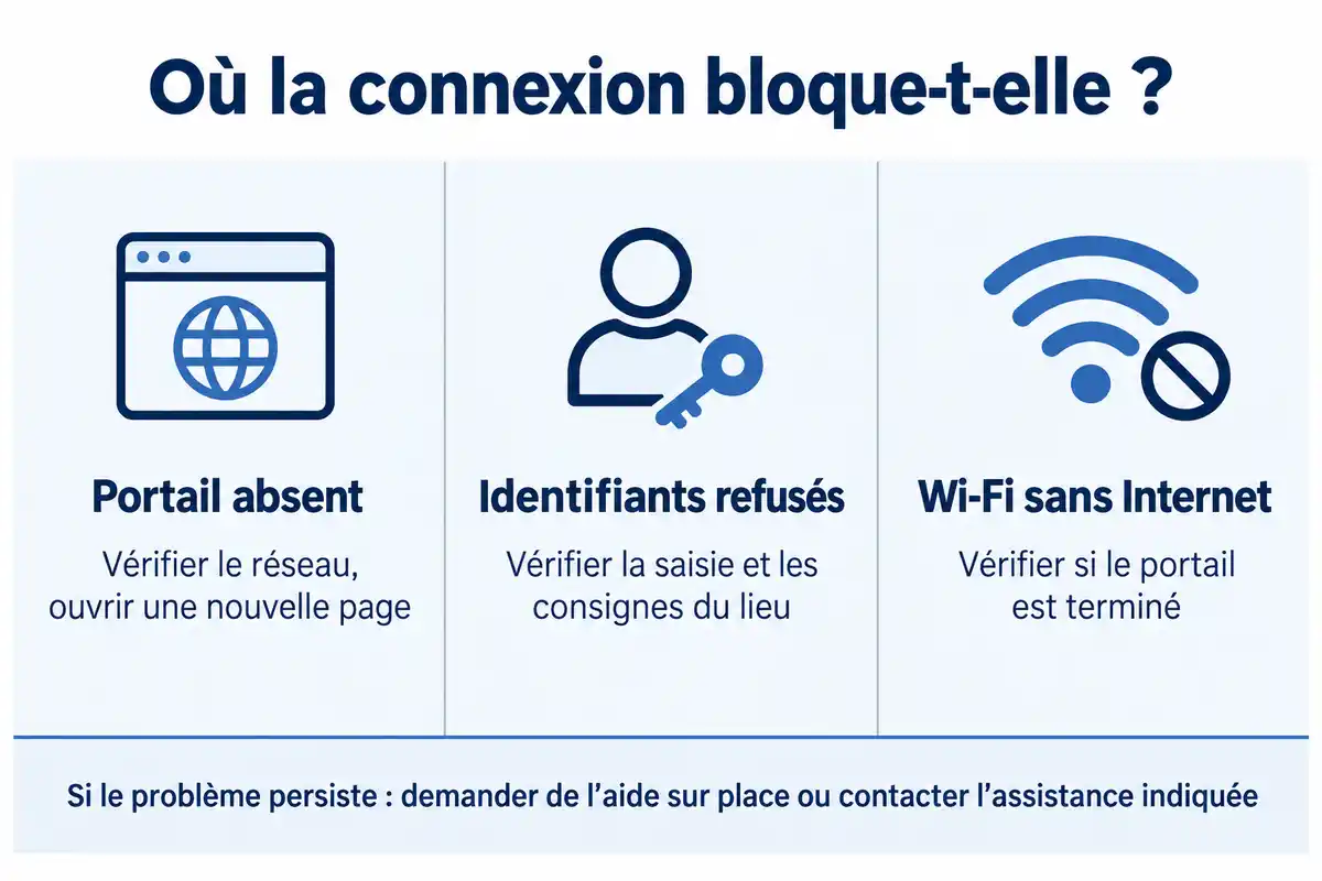 Portail absent, identifiants refusés ou Wi-Fi sans Internet : chaque symptôme oriente vers une vérification différente avant de demander de l’aide.