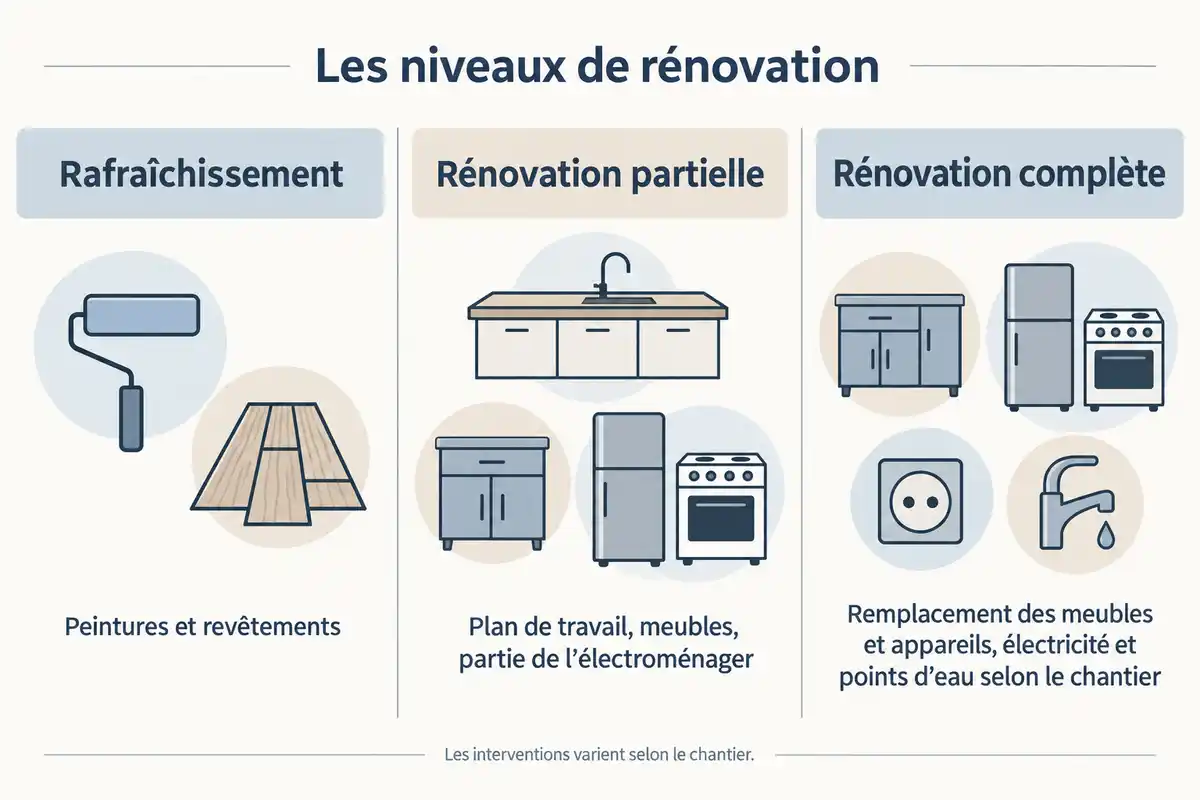 Le périmètre s’élargit des peintures et revêtements au remplacement des meubles et appareils, avec électricité et points d’eau selon le chantier.