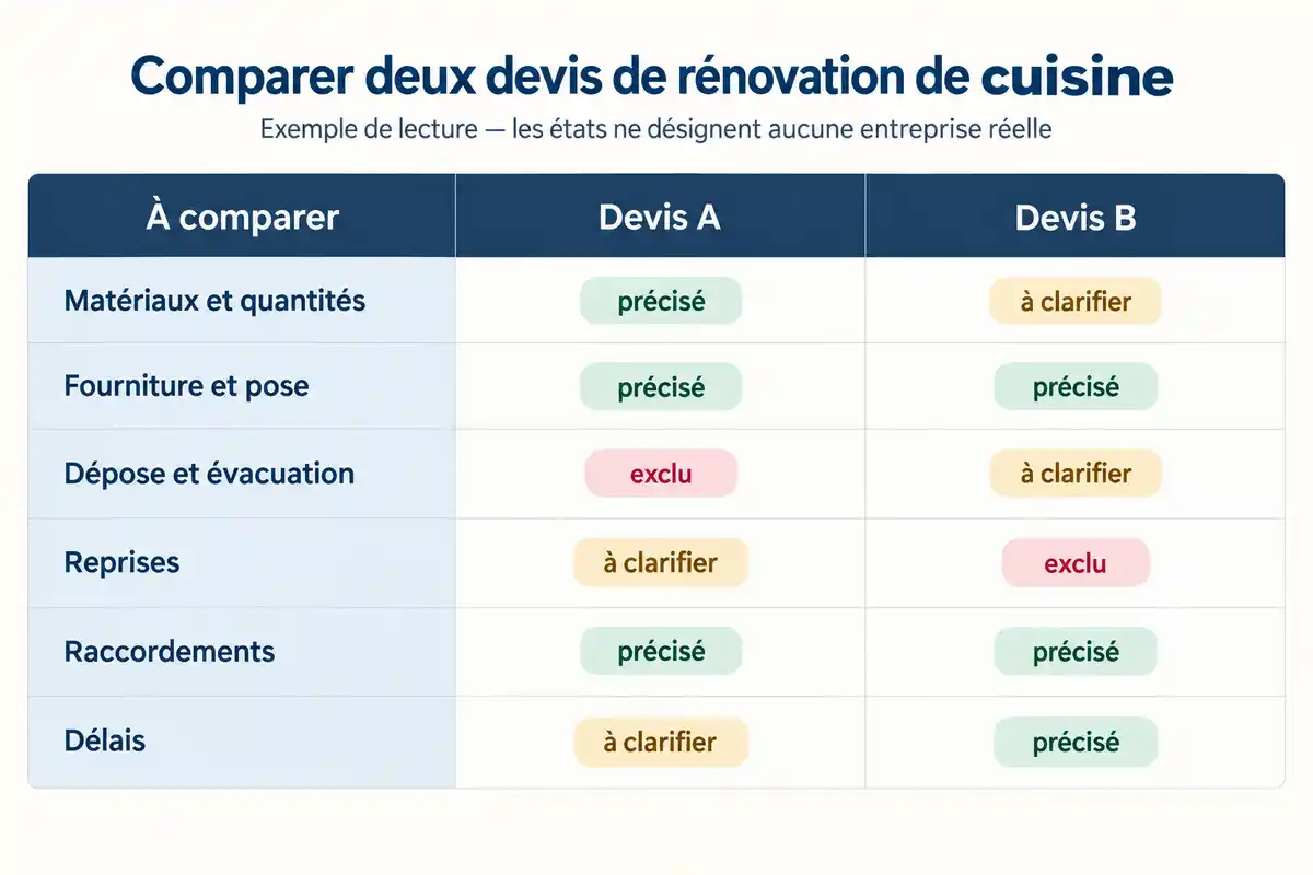 Comparer matériaux, quantités, pose, dépose, reprises, raccordements et délais aide à repérer les écarts entre deux devis.
