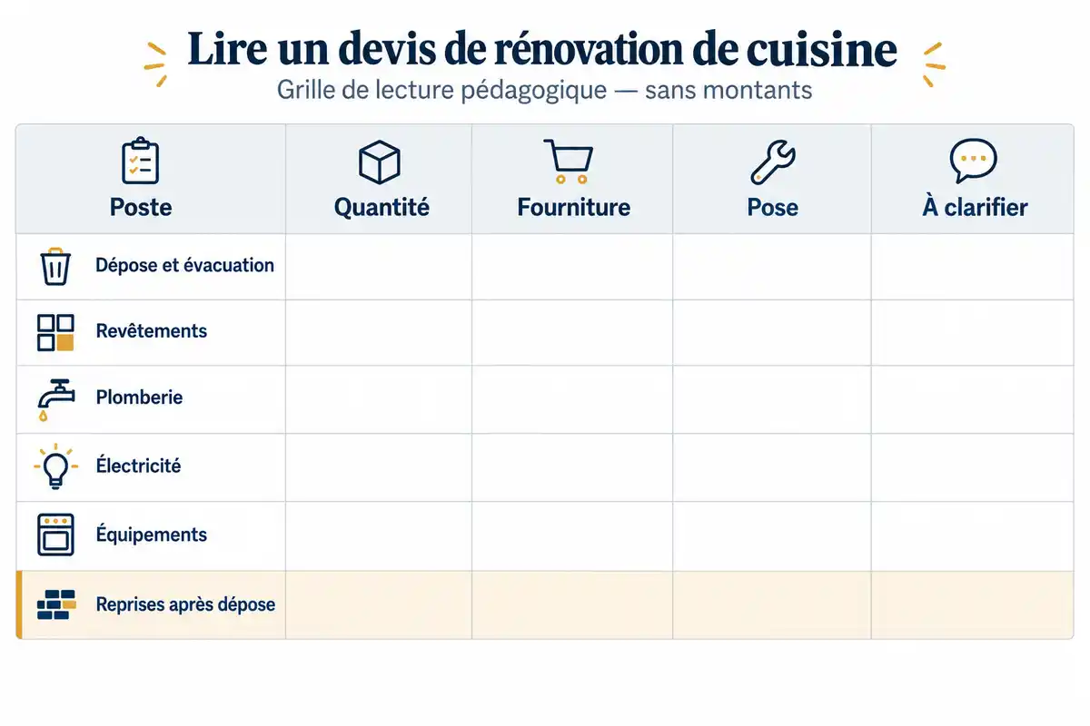 Une lecture poste par poste aide à repérer quantités, fournitures, pose et points à faire préciser dans un devis de cuisine.