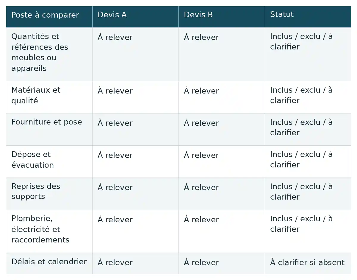 Comparer deux devis poste par poste permet de relever leurs écarts et de marquer chaque élément comme inclus, exclu ou à clarifier.