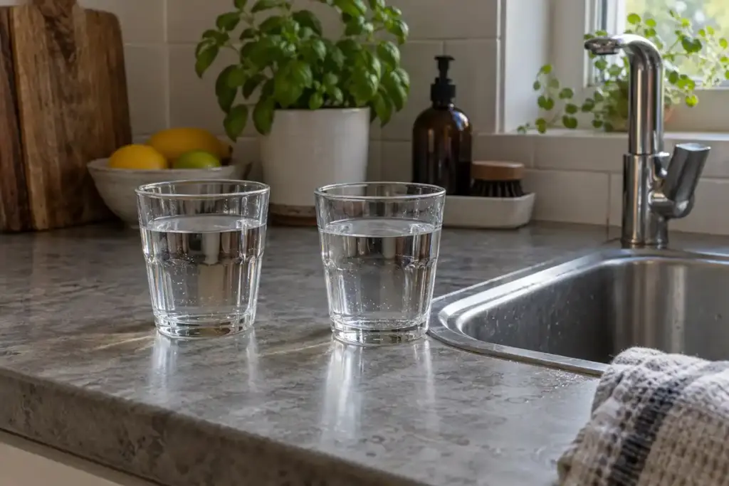 Deux verres d’eau sur un comptoir de cuisine, près d’un évier, avec des fruits et une plante en arrière-plan.
