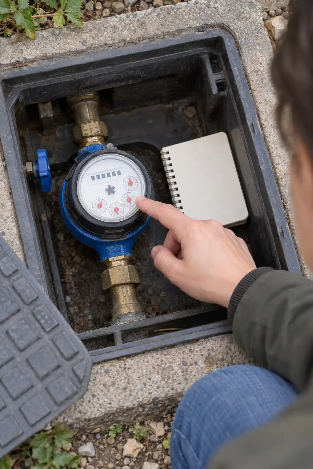 Une main pointe le cadran d’un compteur d’eau bleu dans un regard ouvert, avec un carnet vierge posé à côté.