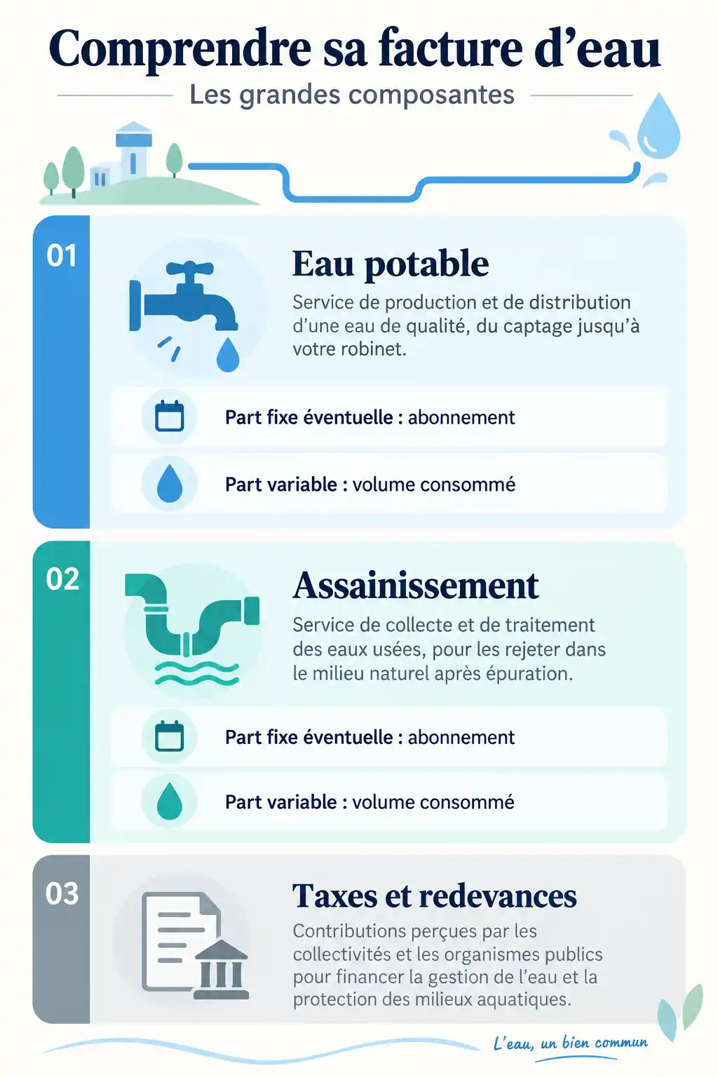 Infographie verticale présentant l’eau potable, l’assainissement et les taxes et redevances, avec les parts fixe et variable indiquées pour les deux services.