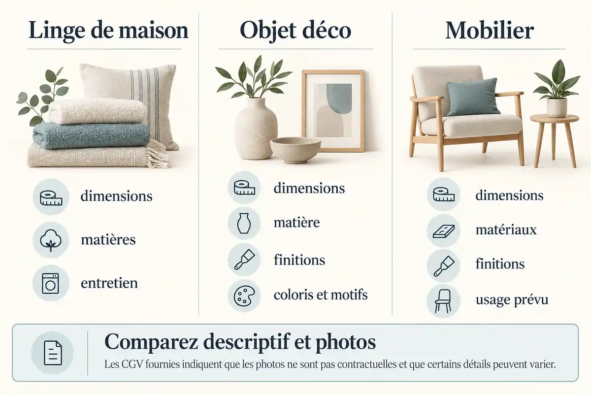 Comparer les dimensions, matières et finitions selon le type d’article, puis confronter le descriptif aux options affichées.