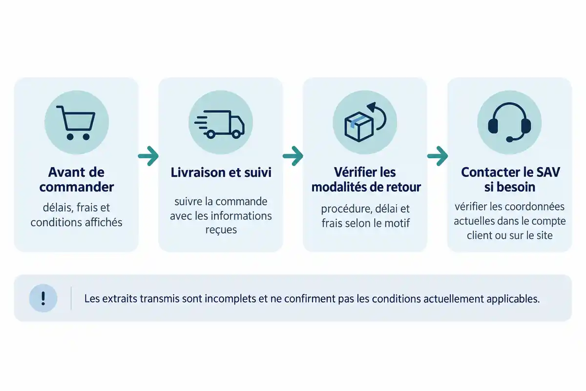 Du choix des conditions avant commande au suivi d’un retour et au contact du SAV, les vérifications dépendent des modalités en vigueur.