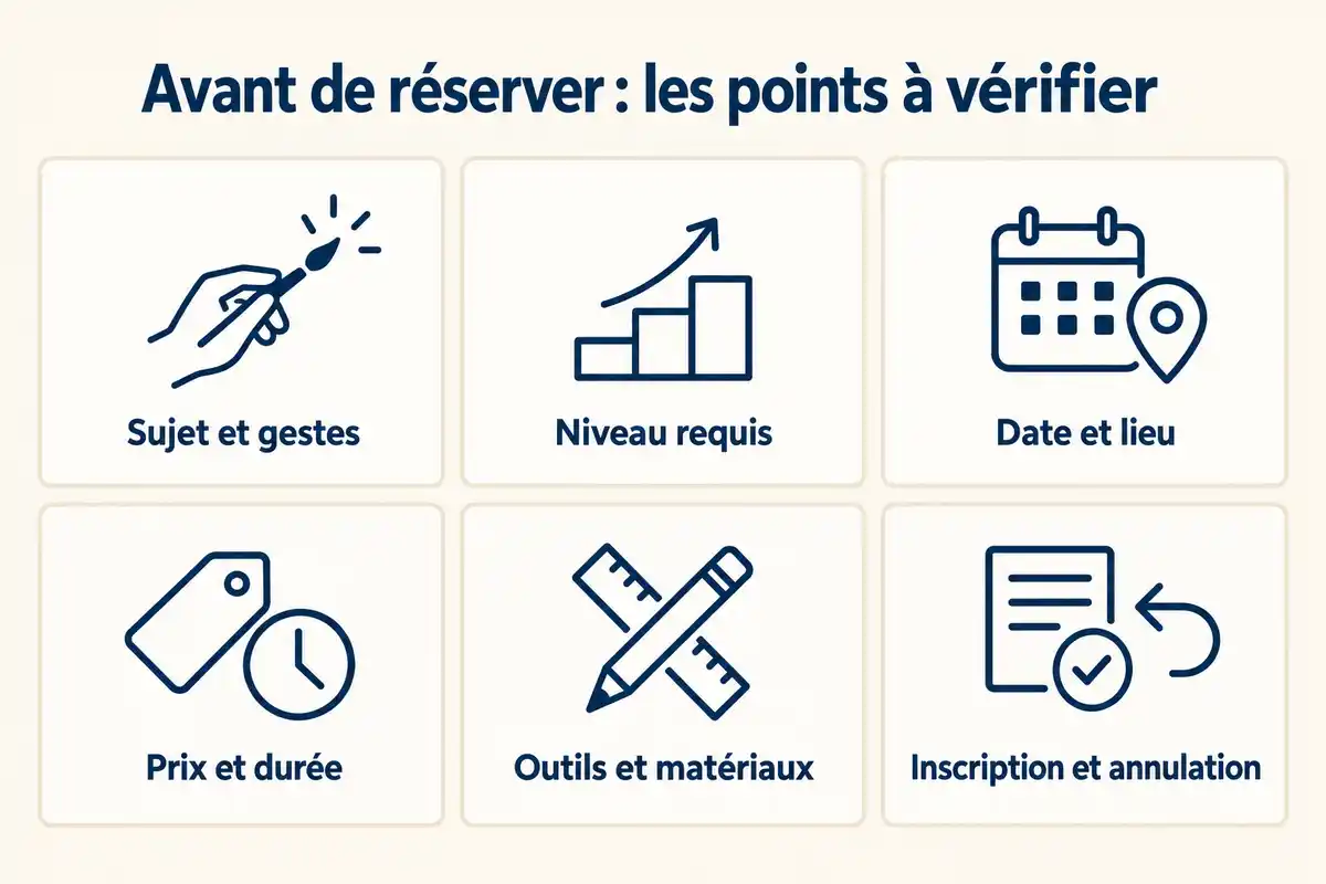 Comparer sujet, niveau, date, prix, matériel et conditions d’inscription aide à repérer les informations manquantes avant de réserver.