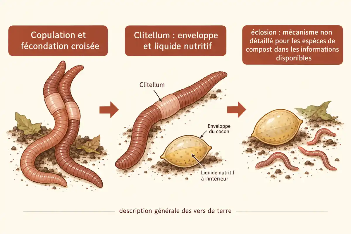 La reproduction générale des vers de terre relie copulation et fécondation croisée à la formation d’un cocon, puis à de jeunes vers.