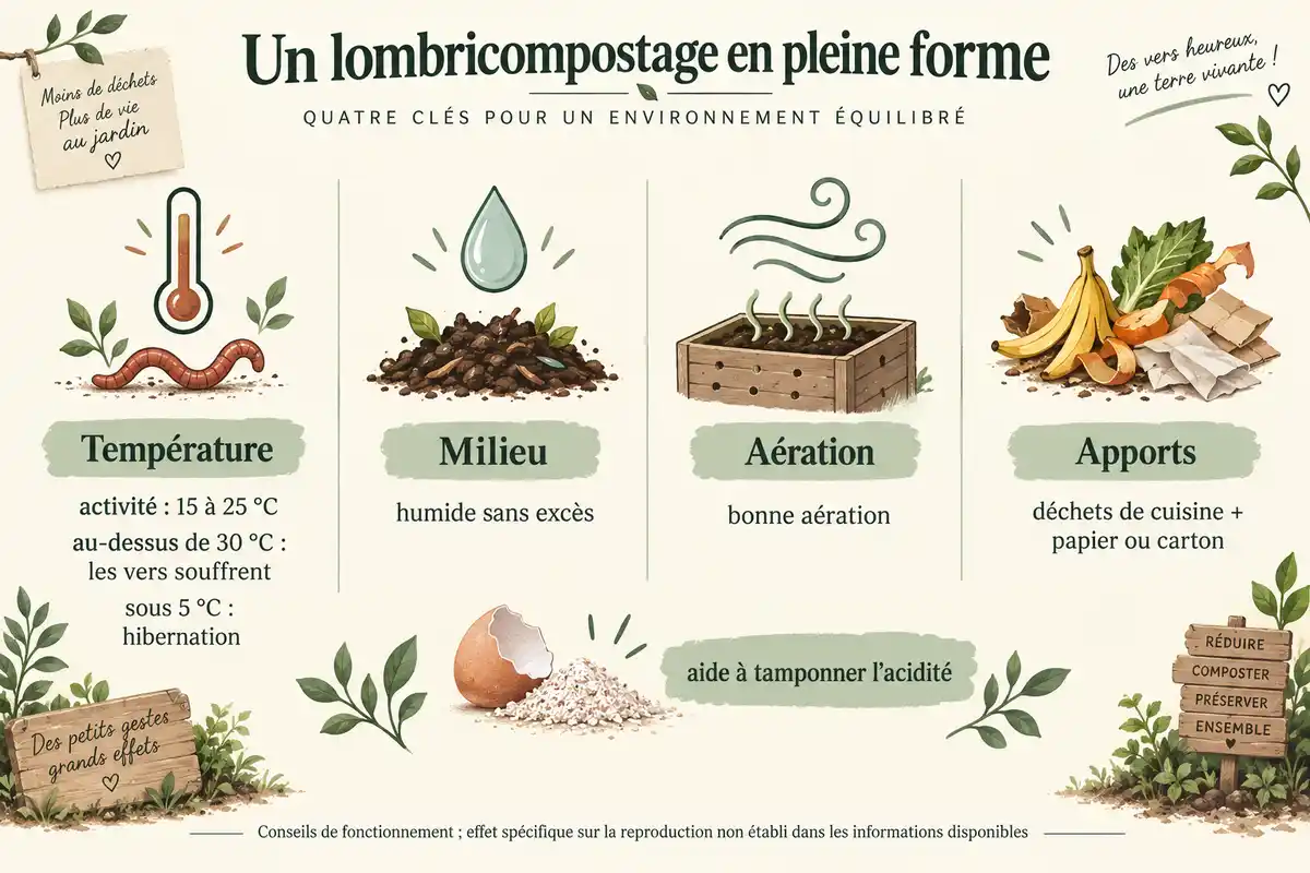 Les repères d’entretien du lombricomposteur concernent température, humidité, aération et apports ; leur effet sur la reproduction n’est pas établi.