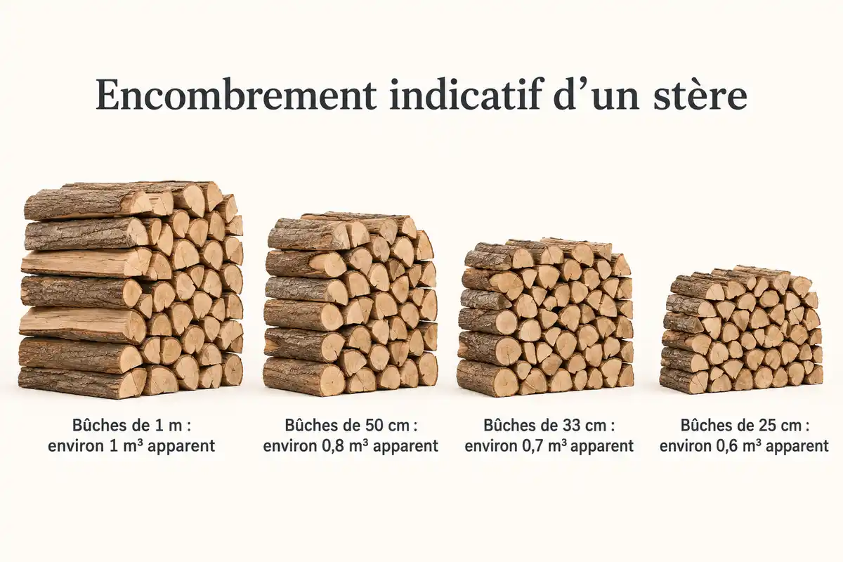 Pour un stère, les bûches plus courtes occupent un encombrement apparent indicatif moindre après recoupe.
